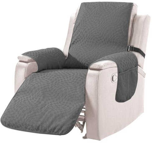 Sofabezug 1 Sitzer, Schonbezug Sofa Wasserdicht mit Verstellbarem Gurt und Seitentaschen, Sofaschoner Rutschfest mit Gummiboden, Sofaüberwurf Sesselschoner Hunde, Sesselbezug Wohnzimmer (Grau)