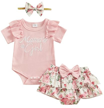 ESSECMBS 3 Pz Elegante Tuta Bimba Tutine Neonato Femmina Pagliaccetto Vestito Estivo Abito Principessa Tutu Bodysuit Jumpsuit Battesimo Floreale Pantaloncini Fascia Bowknot Bambino (Rosa, 0-3 Months)