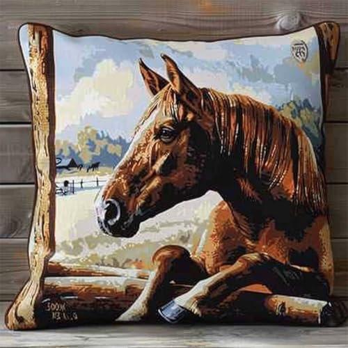 RKFLGEW DIY knüpfen set erwachsene pferd tier knüpfkissen Süße Tiere Knüpfhaken-Kissen-Set，DIY-Kissenbezug zum Basteln，bedruckte Leinwand für Anfänger，Stickerei，Bastelkissen 43x43cm