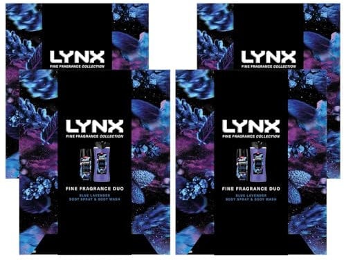 Lynx Fine Fragrance Duo Collection with Fine Fragrance Blue Lavender Body Wash 300 ml and Deodorant Body Spray 150 ml 2 Pieces Ready to Wrap Gift Set for Him,4pk
