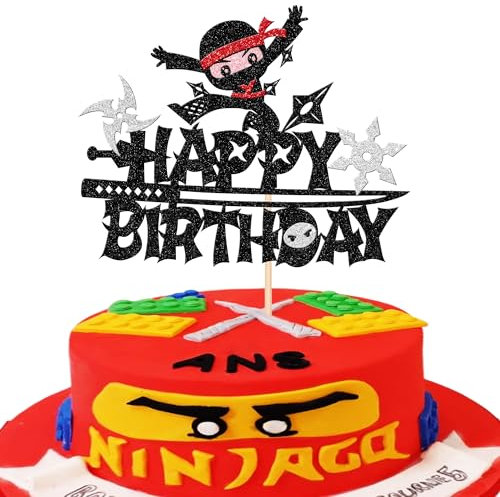 Xsstarmi 1 Packung Ninja Happy Birthday Tortenaufsatz, schwarzer Glitzer, Ninja-Kuchenaufsätze, Kampfsport, Karate, Kung Fu-Krieger, Kuchenpicker für Ninja-Thema, Babyparty, Kindergeburtstag, Party,