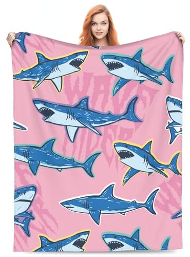ODHHGDF Niedliche Hai-Decke, Geschenke für Erwachsene, für Bett, Wohnzimmer, Bettwäsche, Couch, weich, warm, leicht, gemütlich, rosa, Cartoon-Meerestier-Überwurf, Decken, Weihnachten, Geburtstag,
