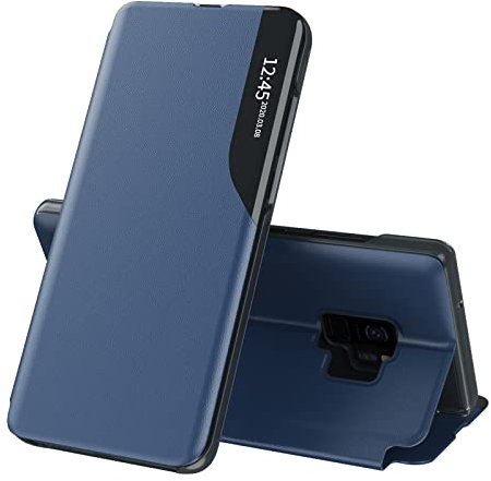 SIYOPINPFY Compatible With Samsung Galaxy S9 Case, Smart Clear View Windows Case + Flip PU Leather Stand Cover for Women Men, Shockproof Drop Protective Cover for Samsung Galaxy S9 Blue QHC
