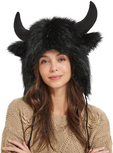 Wisylizv Bison Horn Hut | Gemütlicher Büffelhut für Damen & Herren | Pelziger Tier-Cosplay-Hut für draußen und Winterspaß