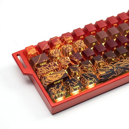 Sumgsn Shine Through Keycaps-PBT Red Side Printed Keycap, 128 Keys Cherry Profile Double Shot Keycap, Wave of Kanagawa Custom Keycap Set with Keycap Storage Box for Mechanical Keyboard (red)