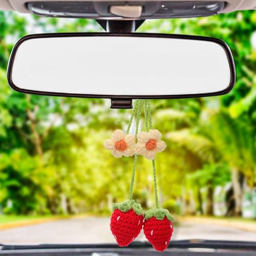 2 Pieces Handmade Knitted Strawberry Rear View Mirror Accessories Crochet Flower & Strawberry Car Accessories Cute Car Decor Swinging Car Hanging Ornament Gifts for Flower Strawberry Lovers
