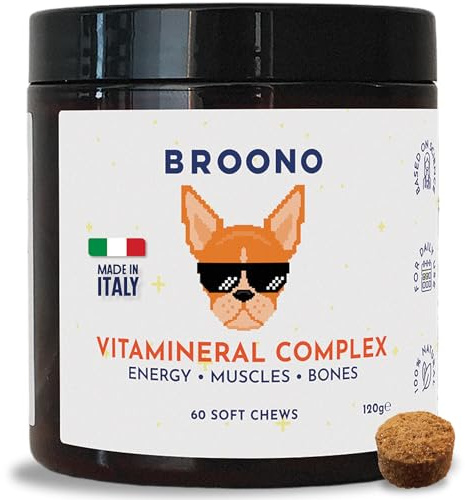15-in-1 Multivitamin Chews for All Dogs, Support Metabolism with B Vitamins, Zinc, Biotin, Vitamin C & E, Bones & Muscle Recovery, Immunity Support - 60 Soft Chews, BROONO Vitamineral Complex