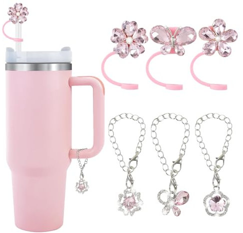 3Pcs Stanley Straw Cover 10mm Dust-Proof Silicone Straw Covers for Stanley Cup Accessories with 3Pcs Sparkle Flowers Butterfly Chain Charms