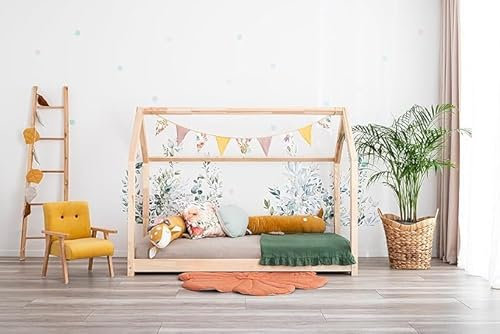 Generisch TreeTale Hausbett, Bodenbett, Kinderbett Meli Verschiedene Größen Naturholzbett mit Rausfallschutz und Lattenrost ohne Matratze (120x200)