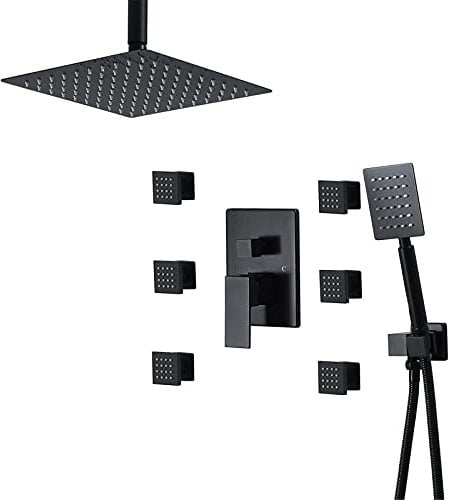 YHEIANJ Ganzkörper-Duschsystem Mattschwarz, 10-Zoll-Regenduschen-Wasserhahn-Set Mit 6 Körpersprays Und Handbrause, 3-Funktions-Regenmischer-Duschset,B,B-A