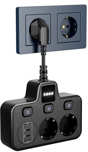 BOCHLION Multiprise avec 4 USB, 2 Prises Multiprises avec Interrupteur Individuel et Veilleuse LED, Multiprise Electrique 2 Ports USB A + 2 Ports USB C, 3250W 13A pour la Maison, Bureau-Noir