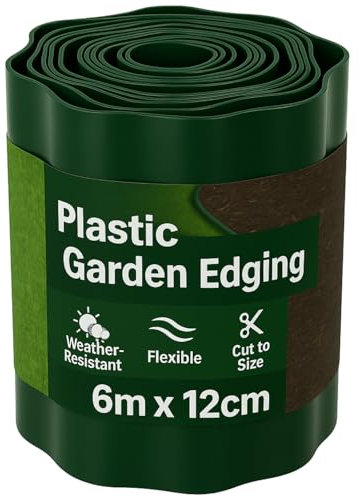 Electoys Plastic Garden Edging Border | Flexible Lawn Edging Strip | Garden Boarder Plastic Lawn Border Weather-Resistant | Flower Plant Beds Outdoor Landscaping DIY | 6m x 12cm Roll | Green