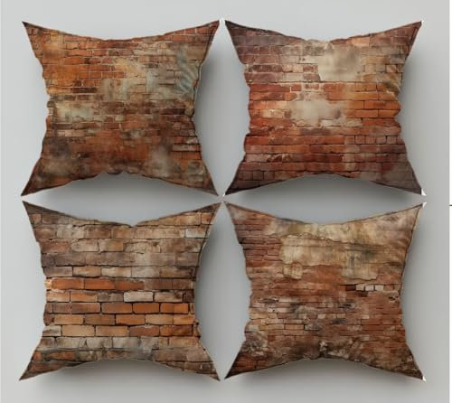 Outdoor Kissen Wetterfest, Rot Kissenbezug 55x55 4er Set, Wasserfest Sofakissenhüllen Ziegel Muster mit Unsichtbarem Reißverschluss Design für Frühlingsdeko Outdoorkissen Deko Garten Terrassen,Model25