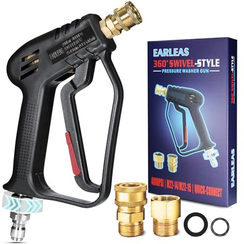 EARLEAS Kurze Hochdruckreiniger-Pistole mit 360° Drehgelenk | 4000 PSI, M22-14 mm/15 mm & 3/8 Zoll QC-Einlass, 1/4 Zoll Schnellanschluss für Schaumkanone und Autodruck