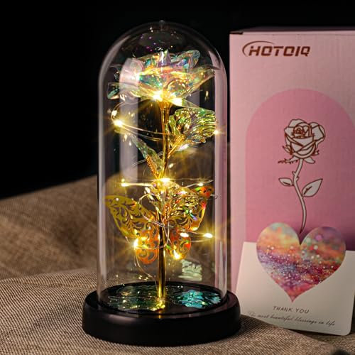 HOTOIQ Birthday Gifts for Women, Christmas Glass Rose Flowers Gift, Eternal Rose Light Up Rose Flower in Glass Dome, Artificial Flower Rose Gift for Women, Mom, Wife, for Wedding,Birthday,Anniversary