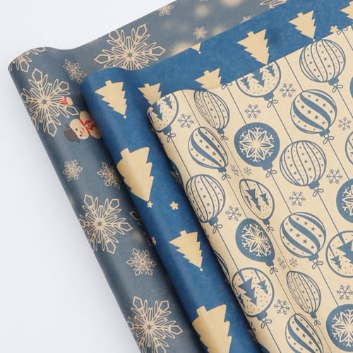 Yebo Geschenkpapier, blau, 3 Rollen, 43 cm x 3 m, DIY-Dekoration für Weihnachten, Geburtstag (blaues Weihnachtsmuster)
