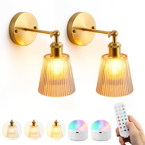 BORDRISE Battery Operated Wall Lights, 1 Pair Wireless LED Rechargeable Bulbs Sconce Light Vintage Wall Sconces with Glass Lampshade and Remote Control Battery Lamp for Bedroom Living Room Bedside