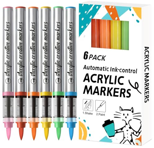 JEFFNIUB 6 Farben Acrylic Marker, Acrylstifte für Steine Wasserfest | 1-4mm Pinselspitze filzstifte für Papier, Holz, Keramik, Glas, Metall, Stoff (Dopaminfarben)