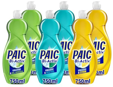 Paic - Liquide Vaisselle Bi-Activ Vinaigre - Nettoie - Dégraisse - Pack Découverte 3 parfums - Sel Minéral - Menthol - Citron - Lot de 6 flacons de 750mL