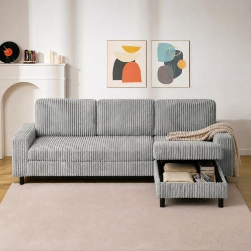 HOMRELEXA 200cm L Shaped Sofa with Movable Storage Ottoman, Grey | 3-Seater Modular Sectional Sofa, Corduroy Couch, Wooden Frame, Deep Seat, Ideal for Living Room