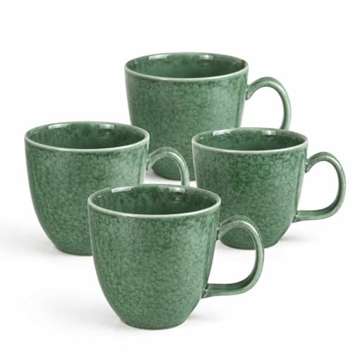 superyes Moss Green Ceramic Coffee Mug Set of 4, Jumbo 16 oz Speckled Reactive Glaze Porcelain Tea Cups with Large Handle, 4-Piece Artisan Sage Green Cocoa Mugs for Latte, Cappuccino & Soup