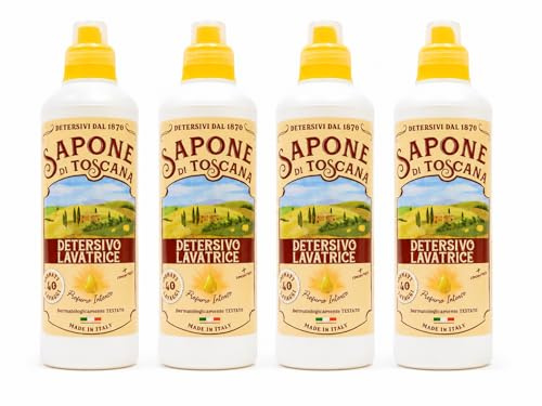 Sapone di Toscana Detersivo Lavatrice Liquido Concentrato, Profumo Intenso, 4 Flaconi da 1L, 40 Lavaggi per Flacone, Senza Fosfati, Made in Italy