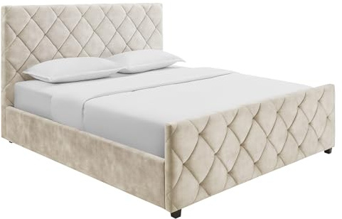 Boxbett ELYSIUM - 160x200cm - champagner beige - Samt mit Stauraum | Bettkasten, hohes Kopfteil, inkl. Lattenrost, Ziersteppung, Bettwäschefach, edle Optik, hoher Komfort, modernes Design