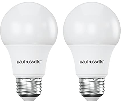 paul russells LED GLS Light Edison Screw ES, 50w Equivalent, 8W 600LM LED Bulbs, 2700K Warm White Lamps, Classic Frosted A60 Standard E27 Energy Saving Globe Non-Dimmable Lightbulbs, Pack of 2