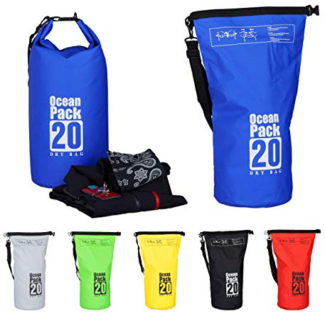 Relaxdays Ocean Pack, 20L, wasserdicht, Packsack, leichter Dry Bag, Trockentasche, Segeln, Ski, Snowboarden, blau