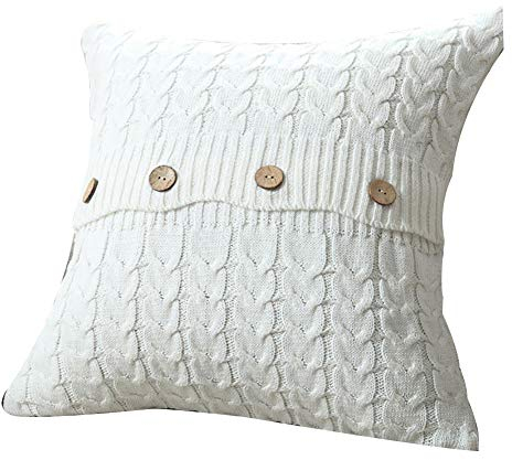 Pu Ran- Weicher, quadratischer Kissenbezug mit Zopfmuster, Sofa-Dekoration, Weiß