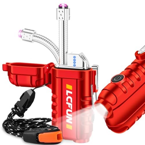 USB C Rechargeable Lighter with Long Retractable Neck, Electric Arc Plasma Lighter Waterproof and Windproof for Candles, Camping, Hiking, Survival, Tactical Gear-(Red)