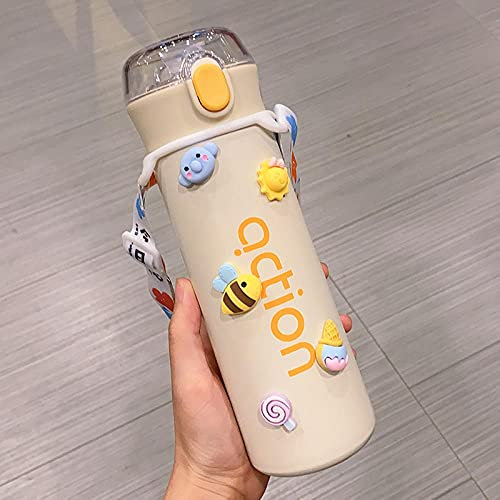 MLLM Edelstahl Isolierkanne,Mit einem Saugnapf mit einem hochpigmentierten Becher;Tragbarer Wasserbecher mit Studentendruck-Gelb B,Doppelwandisolierung Thermoflasche