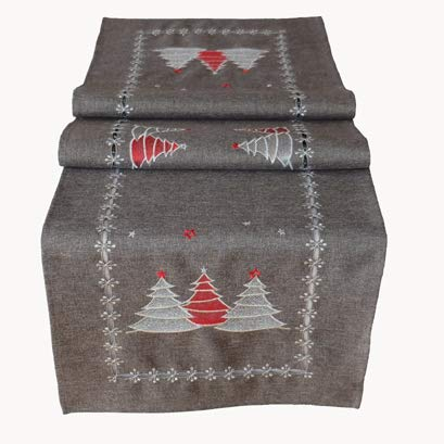 Raebel Tischläufer grau 40 x 140 cm Weihnachten Tischdeko Tannenbäume rot/Silber