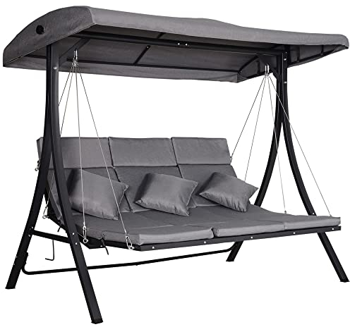 Outsunny 3 Seater Garden Swing Seat Outdoor Swing Chairs Chaise Lounge Padded Seat Hammock Canopy Porch Patio Bench Bed Recliner Sun Lounger - Grey