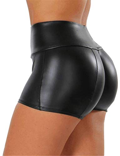 Minetom Damen Shorts Kunstleder Hotpants Fitness Shorts Kurze Leggings Yogahose Sporthose Laufshorts Sexy Pu Leder Kurze Hosen E Schwarz Small