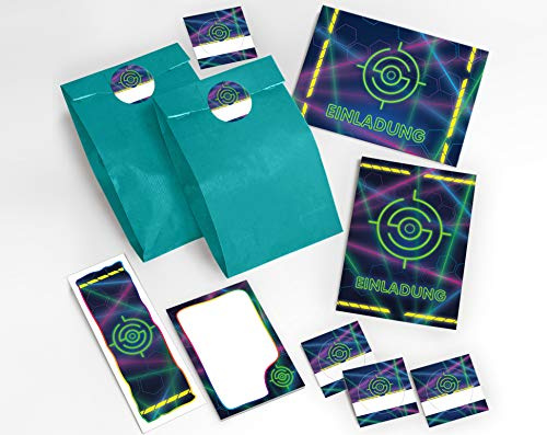 JuNa-Experten 6 Einladungskarten Geburtstag Kinder Lasertag für Mädchen Jungen Jungs Einladungen Kindergeburtstag incl. 6 Umschläge, 6 Tüten/blau, 6 Aufkleber, 6 Lesezeichen, 6 Notizblöcke