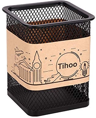 Tihoo Black Pencil Pot, Square Wire Mesh Pen Cup Organizer Stand, Metal Pencil holder for Office desk, Simple Modern Design