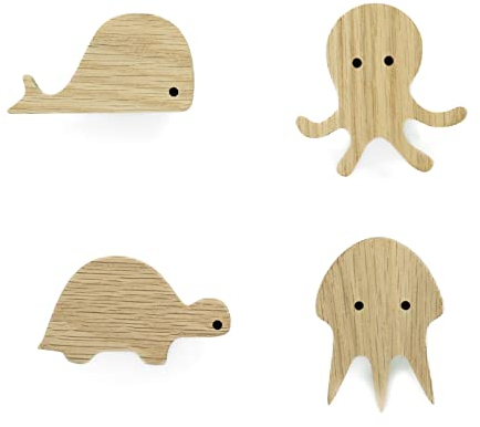 PLT 4 Stück Tierische Griffe für Kindermöbel aus unbehandeltem Eichenholz, Knauf, Knopf für Kommode, Schrank, Schublade, Tür, Kinderzimmer, Geschenk (4, Krake, Wal, Qualle, Schildkröte)