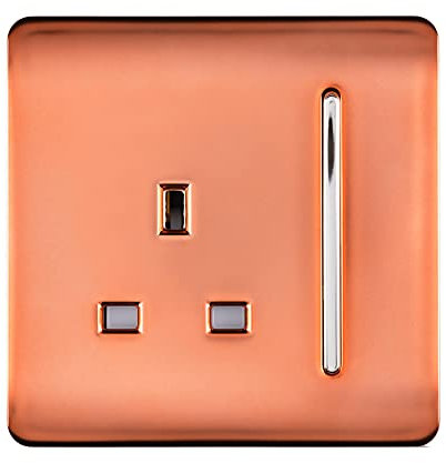 Trendi 1 Gang Raised Artistic Modern Glossy Screwless 13 Amp Single Pole with Chrome Switched UK Standard Electrical Double Wall Plug Socket in Copper - ART-SKT13CPR