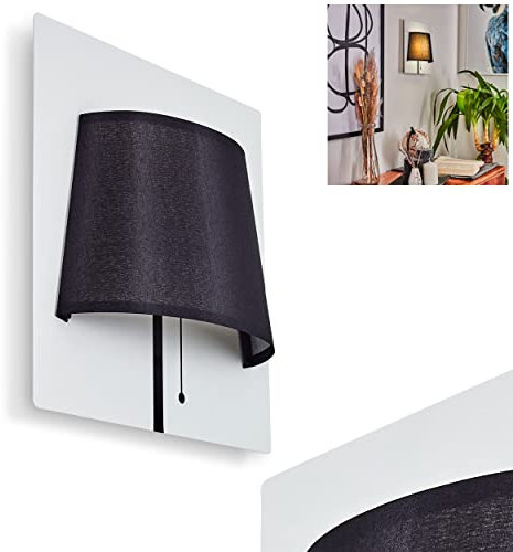 HOFSTEIN LED Wandleuchte Beaverton, moderne Wandlampe aus Metall/Stoff in Weiß/Schwarz, Leuchte mit Schirm aus Textil und Zugschnur, 4000 Kelvin, 480 Lumen, 1-flammig, 1 x LED 6 Watt (inkl.)
