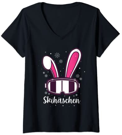 Damen Skihäschen Skihaserl Skibrille Apres Ski Skihasen T-Shirt mit V-Ausschnitt