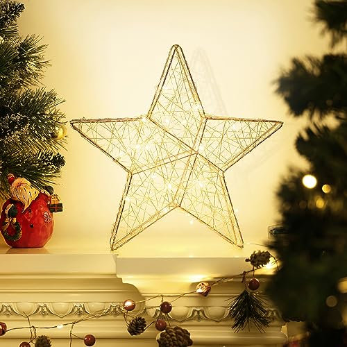 Lewondr Tischlampe, Dekorativ LED Sterne Deko Weihnachten Nachttischlampe mit Eisendraht Batteriebetrieb Tischdeko Weihnachtsbeleuchtung Fenster Sterne Weihnachten Schlafzimmer Zuhause Büro, Gold