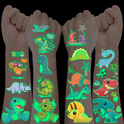 Dino Tattoo Kinder, 100 Stück Kindertattoos Jungen, Groß Leuchtende Dinosaurier Aufkleber, Temporäre Tattoos Set für Geburtstagsdeko Dino Party Mitgebsel Kindergeburtstag Jungen