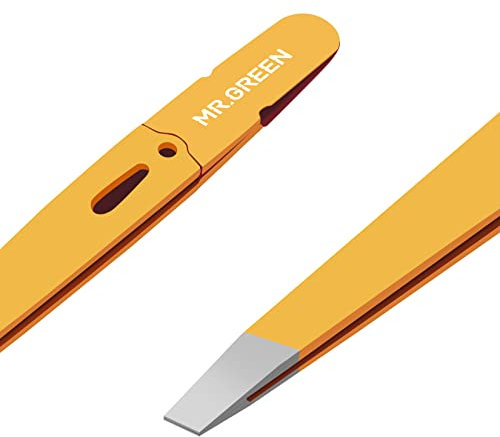 MR.GREEN Classic Stainless Steel Bevel Tip Eyebrow Tweezers for Women and Men, Precision Facial Ingrown Hair Tweezers (Orange)