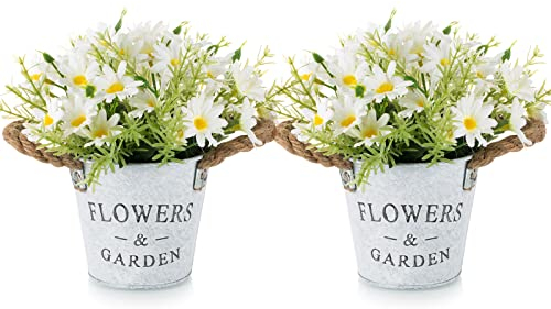 BLOSMON Artificial Flowers Daisy in Pots 2pcs Fake Flower Arrangements with Pot for Decoration Potted Plants Silk Plastic Daisies Floral Bouquet Centerpiece Display Garden Window Kitchen Room Table