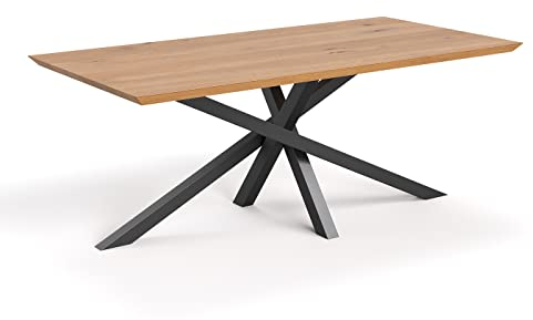 Danzz Slant ausziehbarer Esstisch 200x100 cm, Tisch aus massiver Eiche, handgefertigtes Eichenholz, Massivholz, Stern- Fuß Metallgestell, Esstisch in Naturfarbe