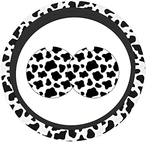 Zicojia Lenkradbezug für Damen mit 2 Autountersetzern, Universal-Kuhdruck, Schwarz & , Plüsch, 36,5 cm, Auto, , Geländewagen