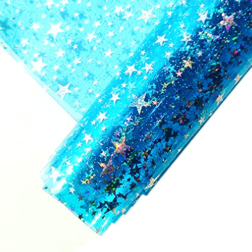 HYANG Glitter Star Transparent PVC Super Clear Holographic Vinyl Kunstleder Blätter 1 Rolle 12 x 47 (30cm x 120cm) für DIY Schleifen Ohrringe Taschen DIY Handwerk Herstellung (Wasser Blau)