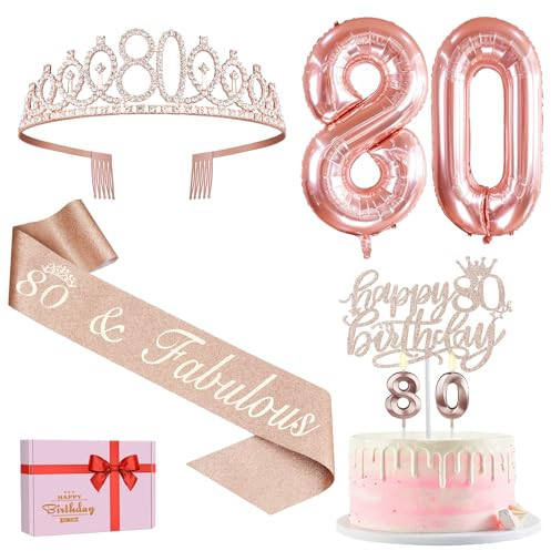 Amosking 80th Birthday Decorations for Women, Including 80th Birthday Sash and Tiara, Cake Topper and Candles, Rose Gold Number Balloons, 80 Year Old Gifts for Women