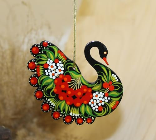 Schwan Christbaumschmuck Vogel Holz Handbemalter Christbaumschmuck zum Aufhängen 9 x 9 x 0,5 cm mit Petrykiwka-Malerei, Ukrainische Handwerkskunst